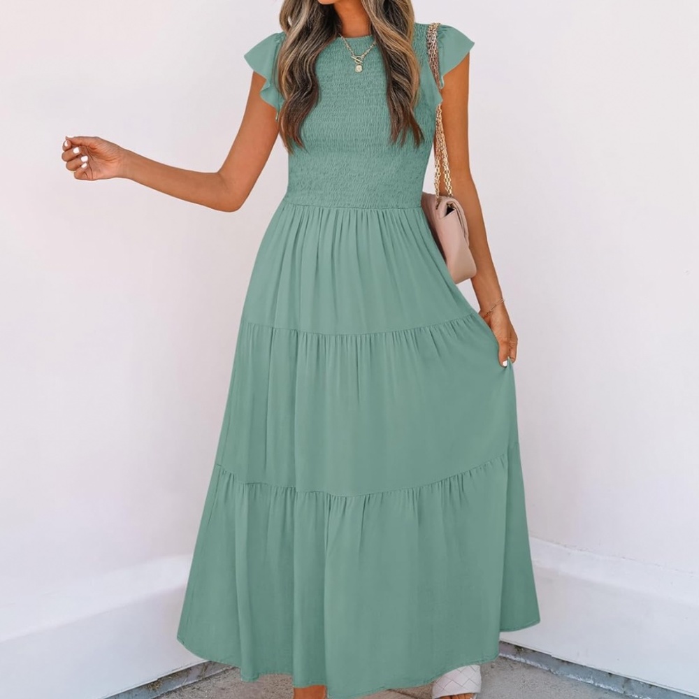 MEROKEETY Midi Tiered Dress sage green color size xs